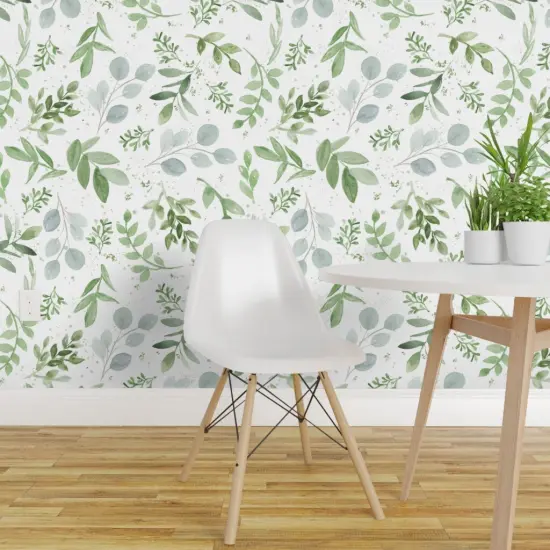 Pre-Pasted Wallpaper 2FT Wide Leaves Watercolor Botanical Greenery Soft Eucalyptus Larger Repeat Custom Pre-pasted Wallpaper by Spoonflower {1}