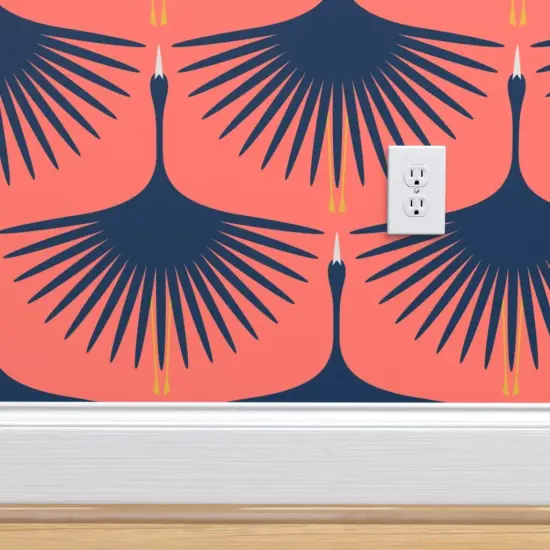 Peel & Stick Wallpaper 2FT Wide Navy Swan Flying Birds Cranes Art Deco Coral And Custom Removable Wallpaper by Spoonflower {4}