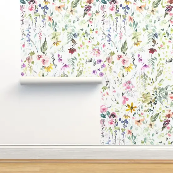 Peel & Stick Wallpaper 2FT Wide Spring Florals Wildflower Pastel Flower Blooms Watercolor Botanical Whimsical Girl Custom Removable Wallpaper by Spoonflower {2}