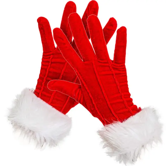Red Fur Costume Gloves - Red Velvet Gloves with White Furry Cuff Accessories for Costumes for Women and Kids {5}