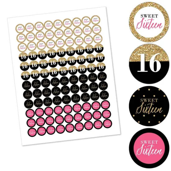 Big Dot of Happiness Chic 16th Birthday - Pink, Black and Gold - Round Candy Sticker Favors - Labels Fits Chocolate Candy (1 sheet of 108) {3}
