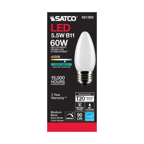 6Pk - Satco 5.5w B11 LED 4000K Medium Base Frosted Dimmable - 60w equiv Cool White {5}