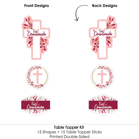 Big Dot of Happiness First Communion Pink Elegant Cross - Girl Religious Party Centerpiece Sticks - Table Toppers - Set of 15 {6}