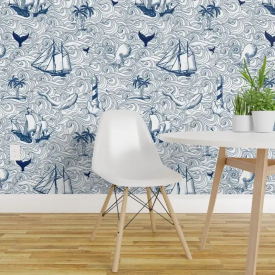 Peel & Stick Wallpaper 2FT Wide Blue White Sailboats Sailing Ships Nautical Vintage Inspired Ocean Custom Removable Wallpaper by Spoonflower {1}