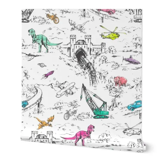 Peel & Stick Wallpaper 2FT Wide Adventure Toile Pop Dinosaurs Cars Planes Bears Trains Space Fantasy Kids Custom Removable Wallpaper by Spoonflower {7}