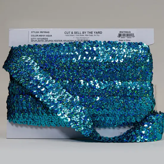 10 yards of 4 Row 1 1/2" Starlight Hologram Stretch Sequin Trim | 10 yard cut AquaBlue {3}