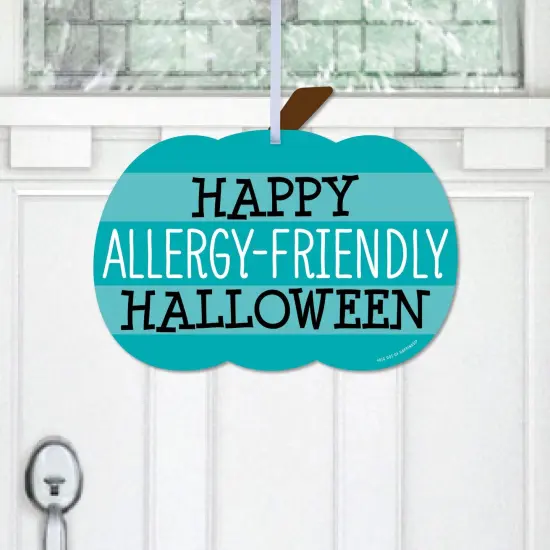 Big Dot of Happiness Teal Pumpkin - Hanging Porch Halloween Allergy Friendly Trick or Trinket Outdoor Decorations - Front Door Decor - 1 Piece Sign {1}