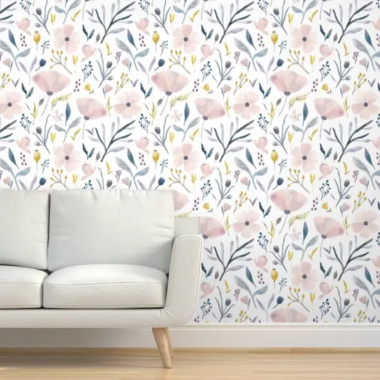 Peel & Stick Wallpaper 2FT Wide Pastel Flowers Floral Botanical Gardens Feminine Pink Purple Spring Farmhouse Easter Custom Removable Wallpaper by Spoonflower {5}