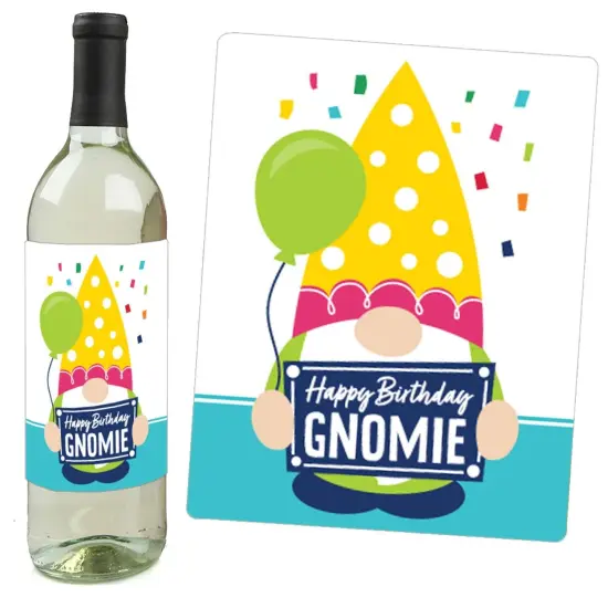 Big Dot of Happiness Gnome Birthday - Happy Birthday Party Decorations for Women and Men - Wine Bottle Label Stickers - Set of 4 {3}