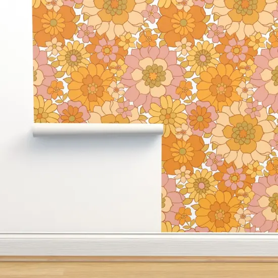 Pre-Pasted Wallpaper 2FT Wide Retro Floral Sunny Maximalist Blush Pink Mustard Gold Marigold 1960S Custom Pre-pasted Wallpaper by Spoonflower {2}