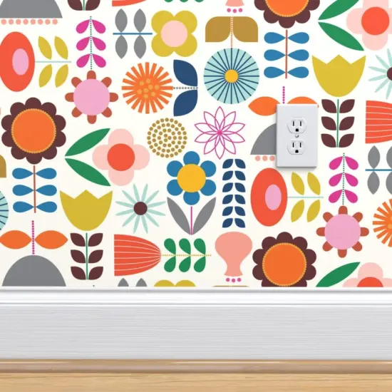 Peel & Stick Wallpaper 2FT Wide Scandinavian Scandi Style Folk Art Inspired Colorful Mod Floral Flower Daisy Tulip Garden Custom Removable Wallpaper by Spoonflower {4}