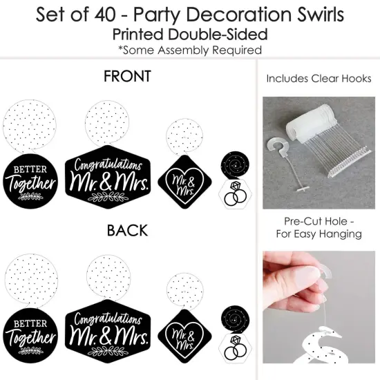 Big Dot of Happiness Mr. and Mrs. - Black and White Wedding or Bridal Shower Hanging Decor - Party Decoration Swirls - Set of 40 {7}