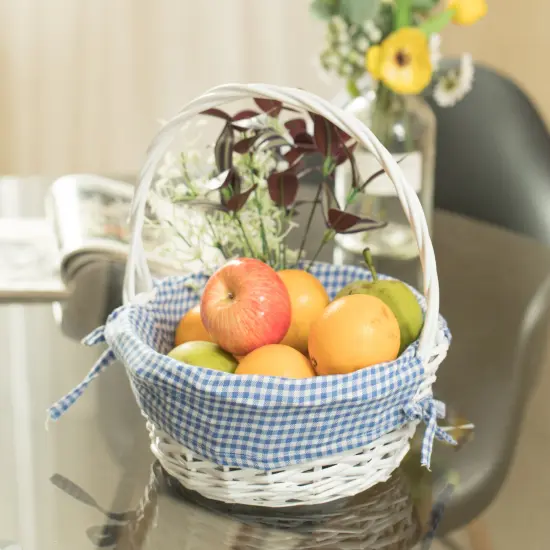 White Round Willow Gift Basket, with Gingham Liner and Handle Blue {3}
