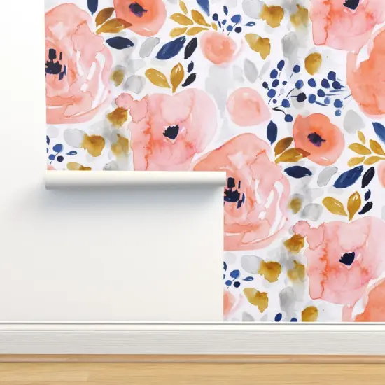 Pre-Pasted Wallpaper 2FT Wide Large Scale Floral Pink Coral Watercolor Bloom Peachy Girls Feminine Bright Custom Pre-pasted Wallpaper by Spoonflower {2}