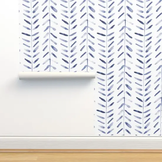Pre-Pasted Wallpaper 2FT Wide Herringbone Hand Drawn Painterly White Blue Shibori Inspired Geometric Indigo Large Scale Simple Basic Custom Pre-pasted Wallpaper by Spoonflower {2}