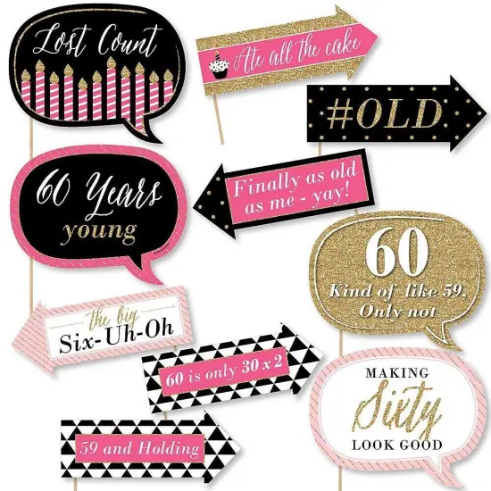 Big Dot of Happiness Funny Chic 60th Birthday - Pink, Black and Gold - Birthday Party Photo Booth Props Kit - 10 Piece {1}