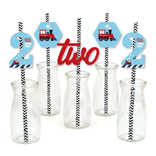 Big Dot of Happiness 2nd Birthday Railroad Party Crossing - Paper Straw Decor - Steam Train Second Birthday Party Striped Decorative Straws -Set of 24 {1}
