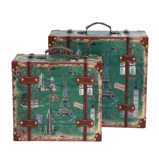 Set of 2 European Landmarks Vintage Wooden Luggage with Leather Straps and Handle {1}