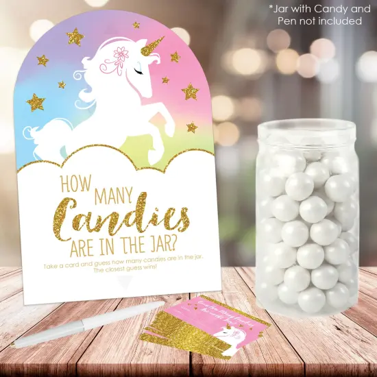 Big Dot of Happiness Rainbow Unicorn - How Many Candies Magical Unicorn Baby Shower or Birthday Party Game - 1 Stand and 40 Cards Candy Guessing Game {3}