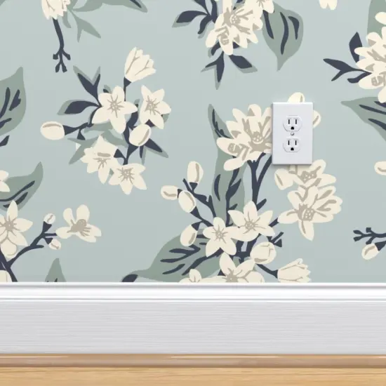 Pre-Pasted Wallpaper 2FT Wide Vintage Blue Flowers Dusty Pretty Traditional Delicate Pastel Farmhouse Transitional Lemon Custom Pre-pasted Wallpaper by Spoonflower {4}