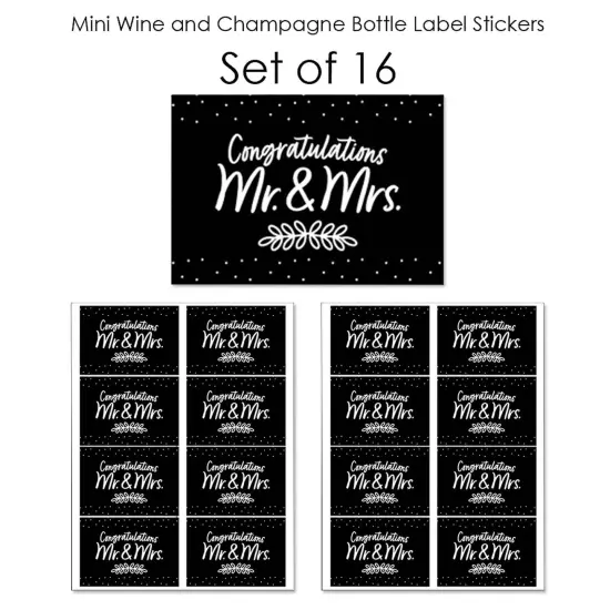 Big Dot of Happiness Mr. and Mrs. - Mini Wine & Champagne Bottle Label Stickers - Black and White Wedding or Bridal Shower Favor Gift - Set of 16 {7}