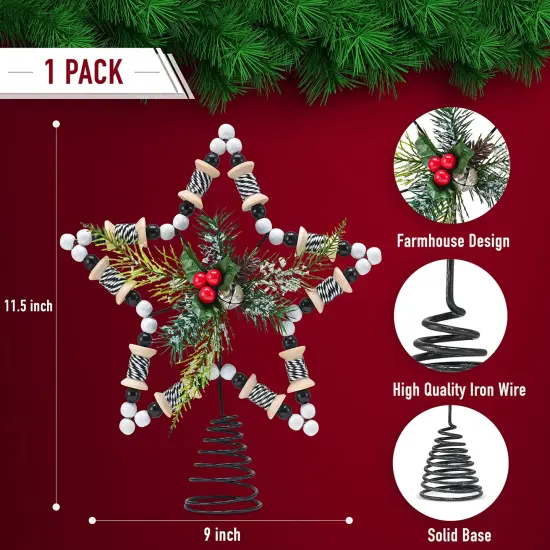 Ornativity Rattan Star Tree Topper &ndash; Christmas Farmhouse Rustic Tree Topper with Holly Mistletoe and Berry Decorations {6}