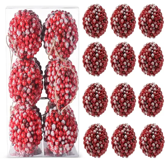 Ornativity Frosted Red Berries Ornaments - Glittered White Snowflakes on Realistic Red Cranberry Berries Ball Ornament with Rustic Twine String Christmas Tree Decoration Set - Pack of 12 {1}