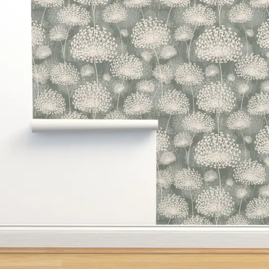 Peel & Stick Wallpaper 2FT Wide Vintage Style Dandelions Gray Cream Neutral Flowers Floral Nature Custom Removable Wallpaper by Spoonflower {2}
