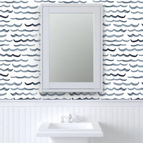 Pre-Pasted Wallpaper 2FT Wide Watercolor Ocean Modern Nautical Blue And White Abstract Waves Maritime Beach Custom Pre-pasted Wallpaper by Spoonflower {6}