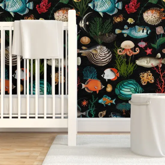 Pre-Pasted Wallpaper 2FT Wide Black Nautical Sea Life Vintage Style Ocean Fish Coastal Tropical Custom Pre-pasted Wallpaper by Spoonflower {7}