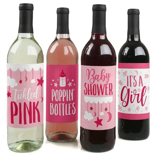 Big Dot of Happiness It's a Girl - Pink Baby Shower Decorations for Women and Men - Wine Bottle Label Stickers - Set of 4 {1}