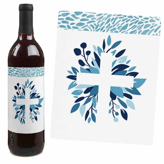 Big Dot of Happiness Confirmation Blue Elegant Cross - Boy Religious Party Decorations for Women and Men - Wine Bottle Label Stickers - Set of 4 {4}