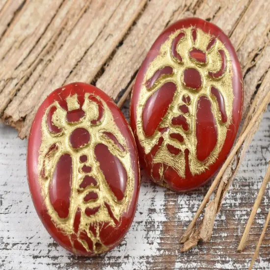 *4* 22x18mm Gold Washed Red Opal Silk Bumblebee Oval Beads {3}