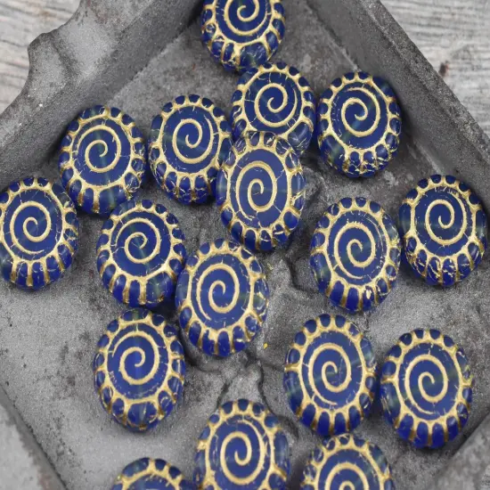 *2* 16mm Bronze Washed Matte Cobalt Spiral Coin Beads {6}