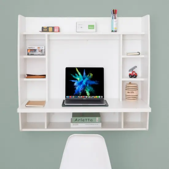 Versatile Wall Mount Floating Computer Desk - Stylish and Space-Saving Writing Study Table with Shelves - Ideal for Living Room, Bedroom, and Home Office White {3}