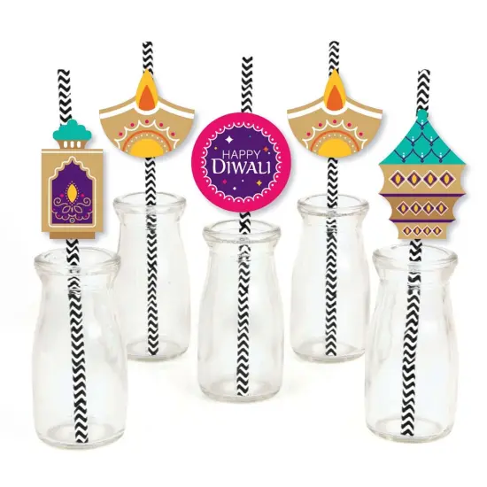 Big Dot of Happiness Happy Diwali - Paper Straw Decor - Festival of Lights Party Striped Decorative Straws - Set of 24 {1}
