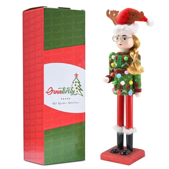 Ornativity Christmas Ugly Sweater Nutcracker &ndash; Red and Green Wooden Nutcracker Woman with an Ugly Sweater and Reindeer Hat Xmas Themed Holiday Nut Cracker Doll Figure Decorations {6}