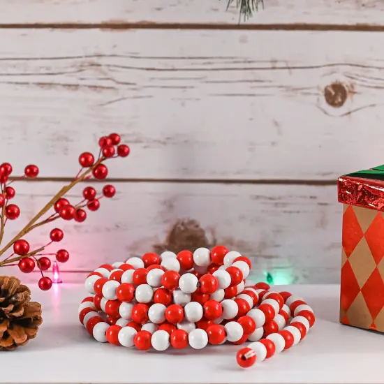 Ornativity Red and White Garland - Rustic Christmas Wooden Farmhouse Country Wood Beaded Home and Holiday Garland Tree Decorations Boho Strand of Beads {2}