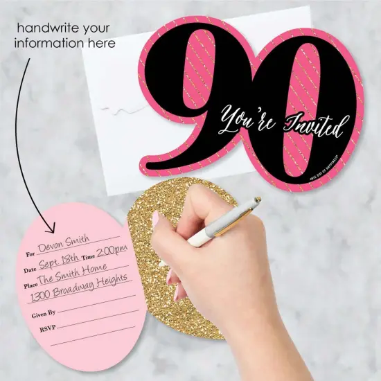 Big Dot of Happiness Chic 90th Birthday - Pink, Black and Gold - Shaped Fill-in Invites - Birthday Party Invitation Cards with Envelopes - Set of 12 {3}