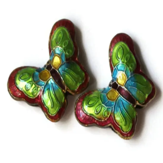 2 23mm Pink and Green Cloisonne Butterfly Beads Handmade Metal and Enamel Beads Moth Beads {1}