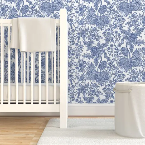 Pre-Pasted Wallpaper 2FT Wide Chintz Floral Blue White Vintage Style Traditional Cobalt Chinoiserie Custom Pre-pasted Wallpaper by Spoonflower {7}