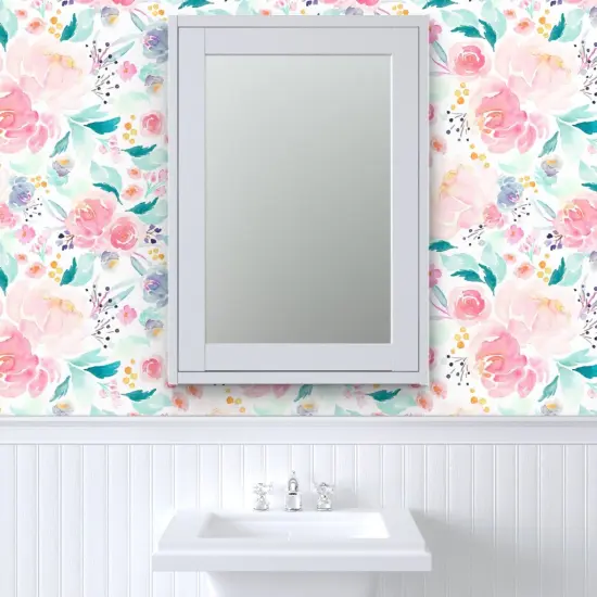 Peel & Stick Wallpaper 2FT Wide Blooms, Mermaid Lagoon, Floral, Pink, Peach, Spring, Girls Room, Nursery Custom Removable Wallpaper by Spoonflower {6}