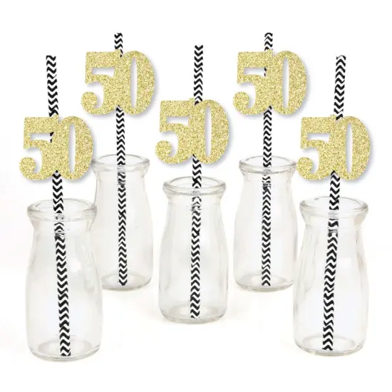Big Dot of Happiness Gold Glitter 50 Party Straws - No-Mess Real Gold Glitter Cut-Out Numbers & Decorative 50th Birthday Party Paper Straws - 24 Ct {3}