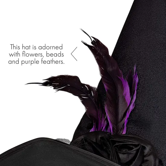 Deluxe Pointed Witch Hat - Glamorous Black Witches Accessories Fancy Velvet Hat with Flowers, Beads and Purple Feathers {5}