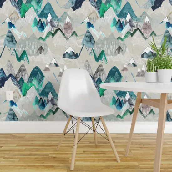 Peel & Stick Wallpaper 2FT Wide Mountain, Call, Adventure, Camping, Rustic, Painting, Watercolour, Forest, Woods, Geometric, Blue, Water Custom Removable Wallpaper by Spoonflower {1}