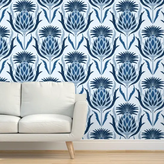 Peel & Stick Wallpaper 2FT Wide Thistle Damask Blue Plant Art Nouveau Hand Drawn Floral Navy Sky Custom Removable Wallpaper by Spoonflower {5}