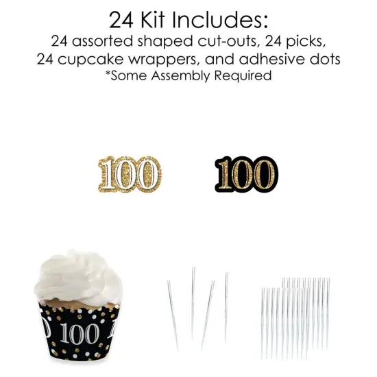 Big Dot of Happiness Adult 100th Birthday - Gold - Cupcake Decoration - Birthday Party Cupcake Wrappers and Treat Picks Kit - Set of 24 {6}