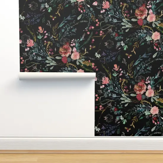 Peel & Stick Wallpaper 2FT Wide Botanical Faux Woven Texture Boho Floral Black And Pink Wild Flowers Bohemian Dark Custom Removable Wallpaper by Spoonflower {2}