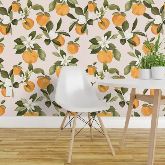 Peel & Stick Wallpaper 2FT Wide Orange Blossom Pink Oranges Blossoms Spring Fruit Summer Citrus Custom Removable Wallpaper by Spoonflower {1}