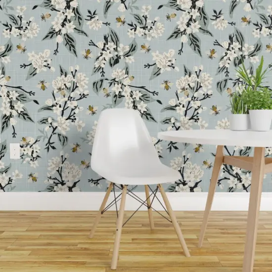 Pre-Pasted Wallpaper 2FT Wide Flowers On Blue White Floral Traditional Honeybee Farmhouse Faux Texture Citrus Custom Pre-pasted Wallpaper by Spoonflower {1}